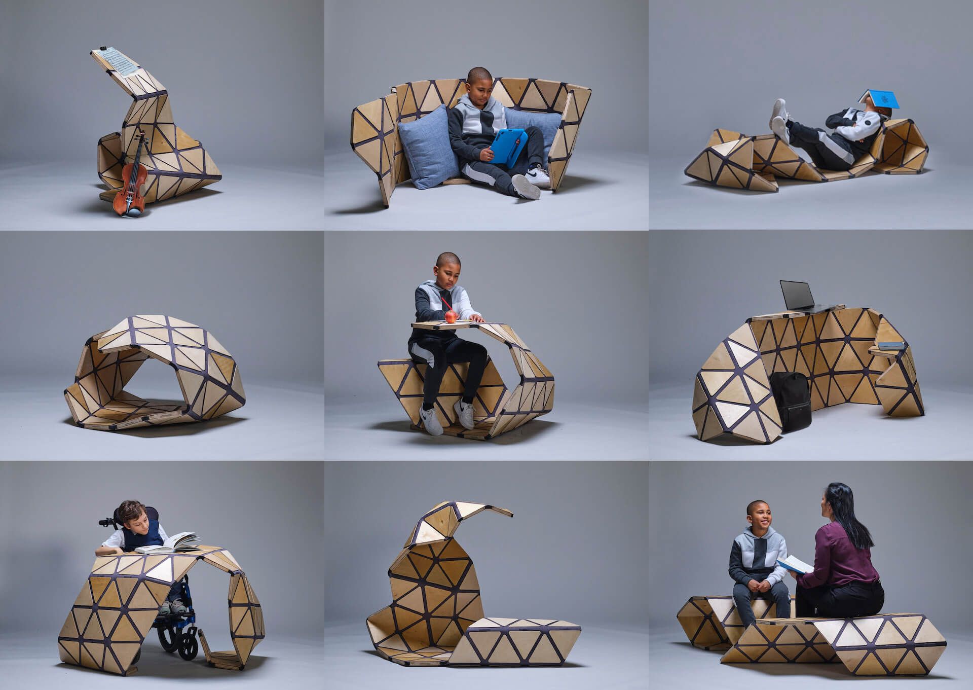 A collage showcasing various layout positions of an Unstandardized Desk and how it accommodates different children’s needs.