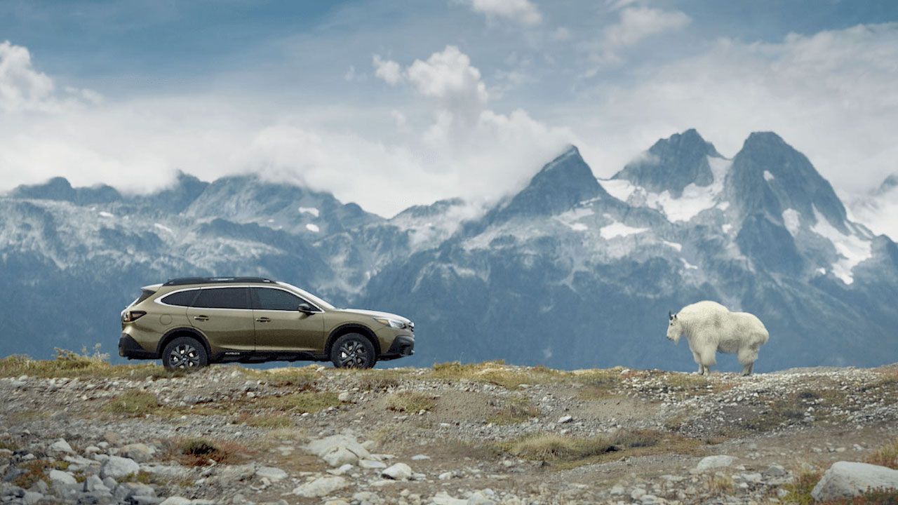 A Subaru and a mountain goat stand atop a mountain, facing each other.