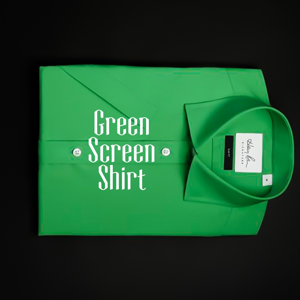 A product shot of a Green Screen Shirt against a black background.