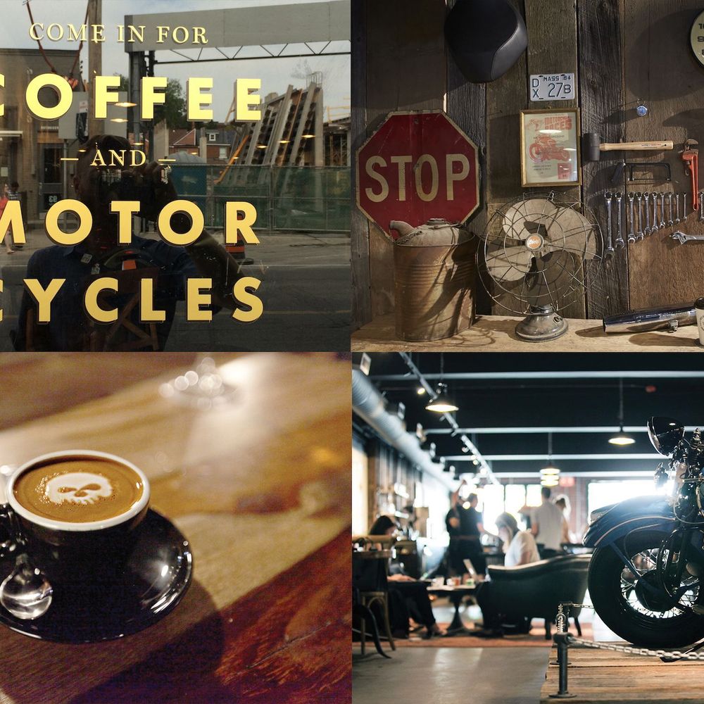 A photo collage showcasing the ambiance inside the café, including the welcome sign, a countertop of vintage road-related items, and a cup of coffee with a skull foam design.