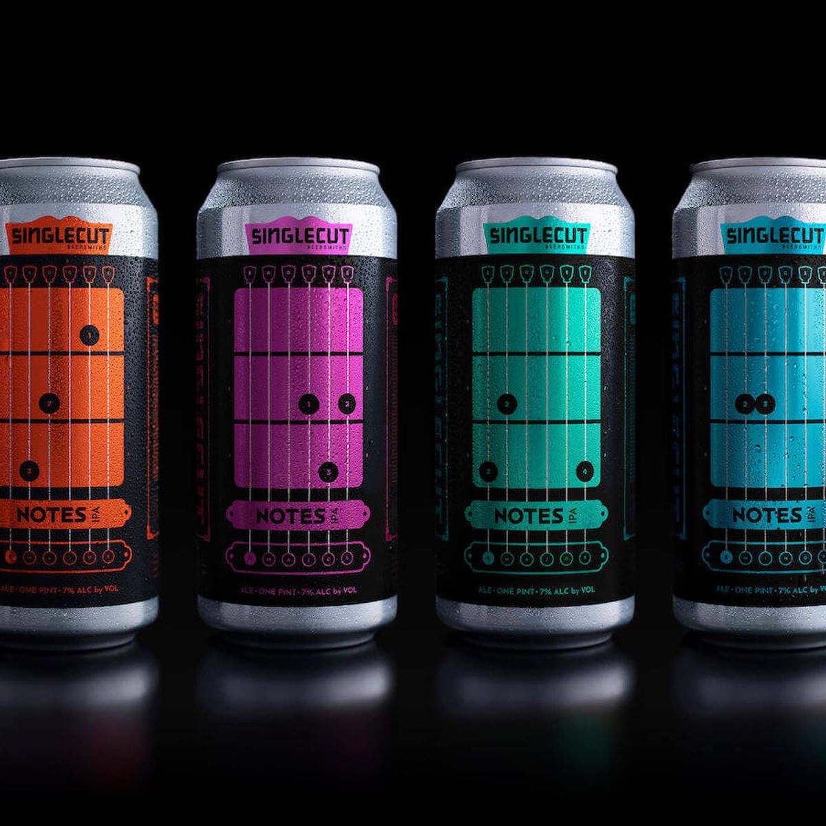 Four Notes IPA cans displayed against a black background, each featuring basic chords and finger positions.