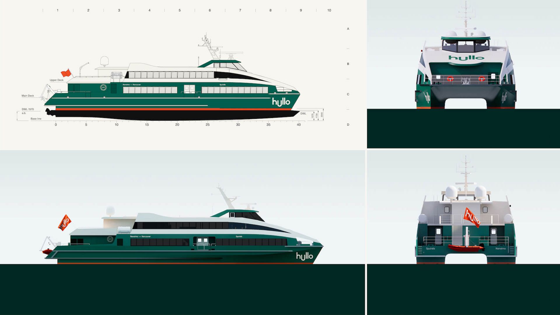 3D Renders of a Hullo ferry from different angles including the starboard side, bow and stern.