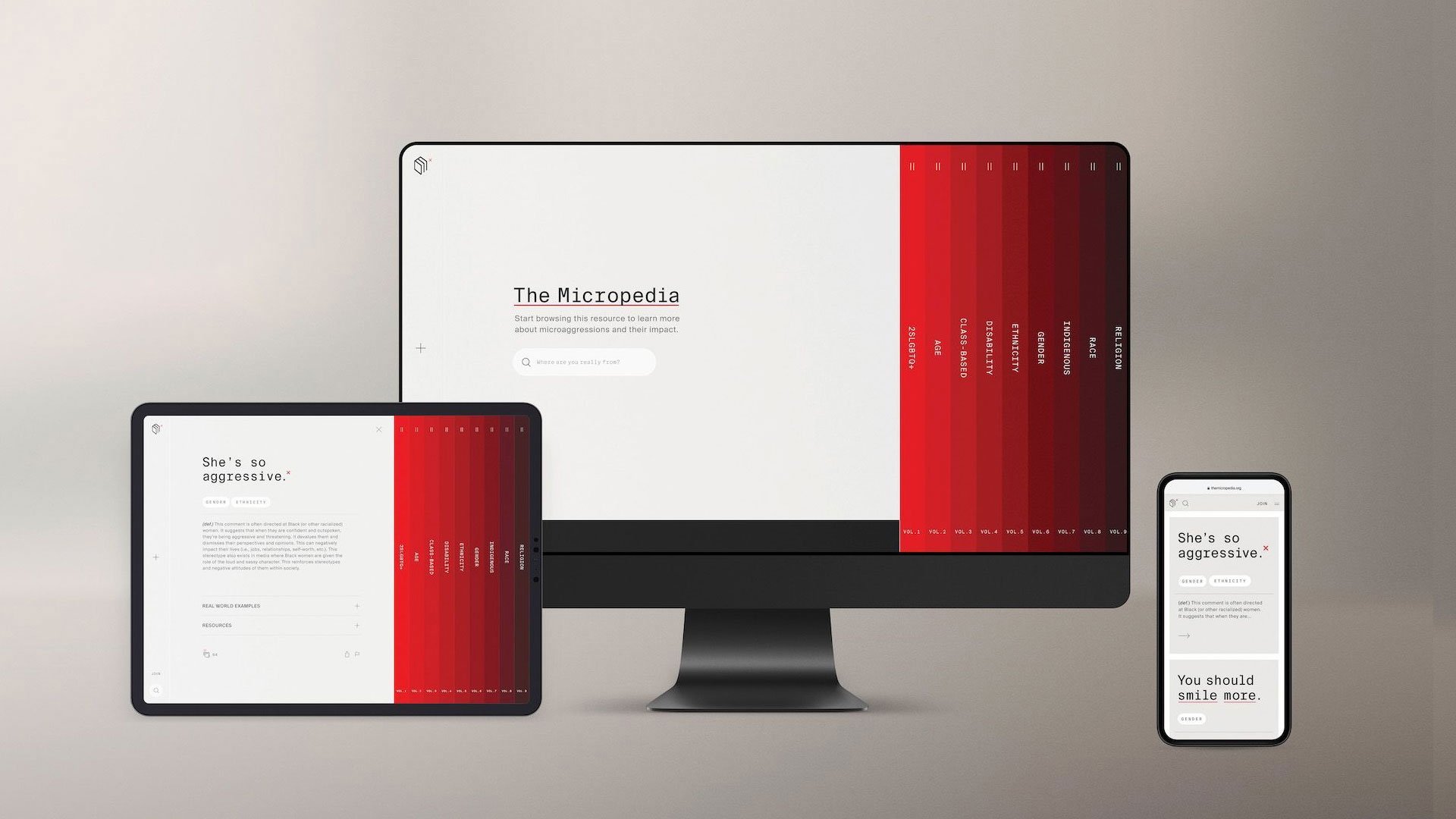 A desktop computer, tablet and mobile phone showing the Micropedia website.