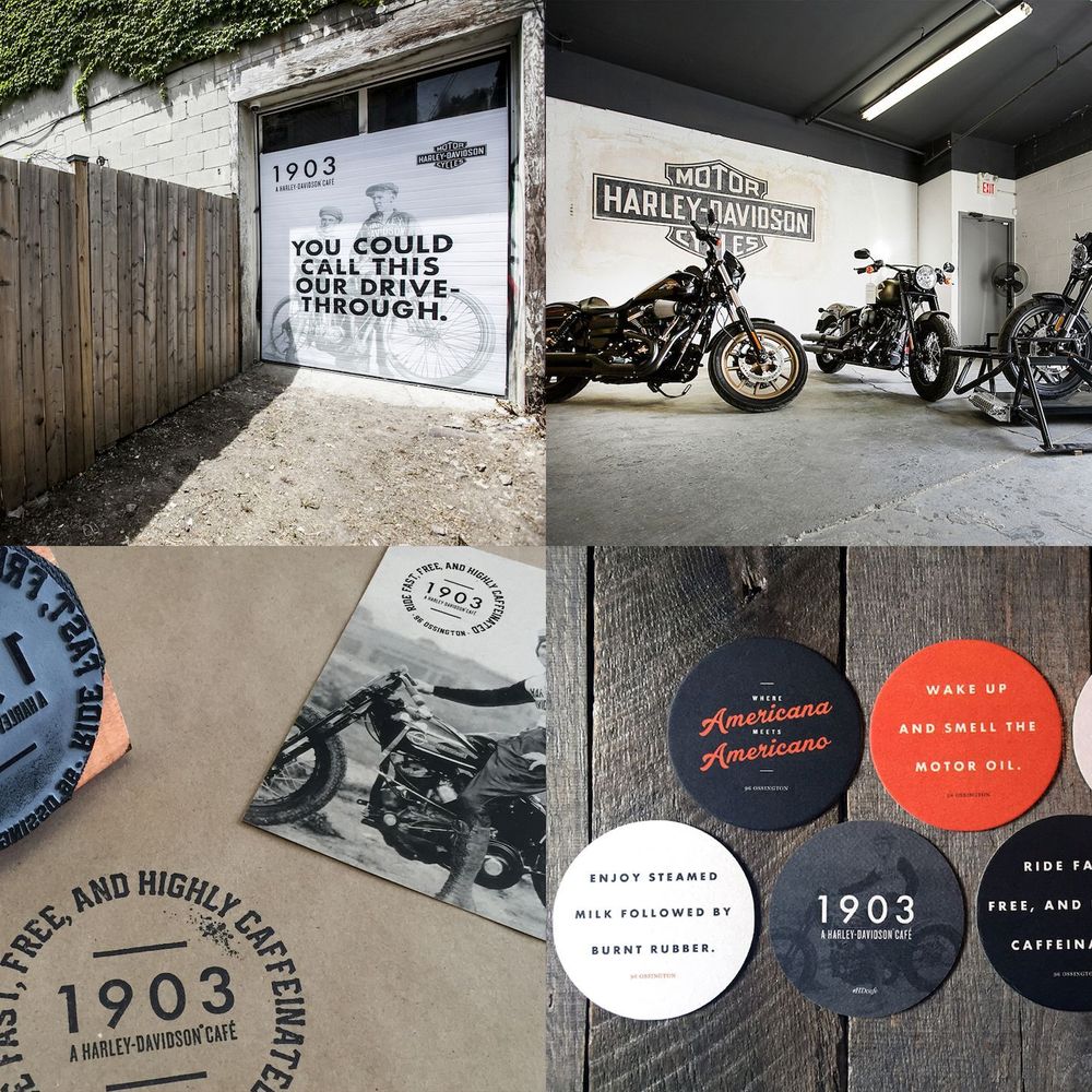 A collage featuring garage advertising, retro-style coasters, and Harley Davidson’s vintage motorcycles.
