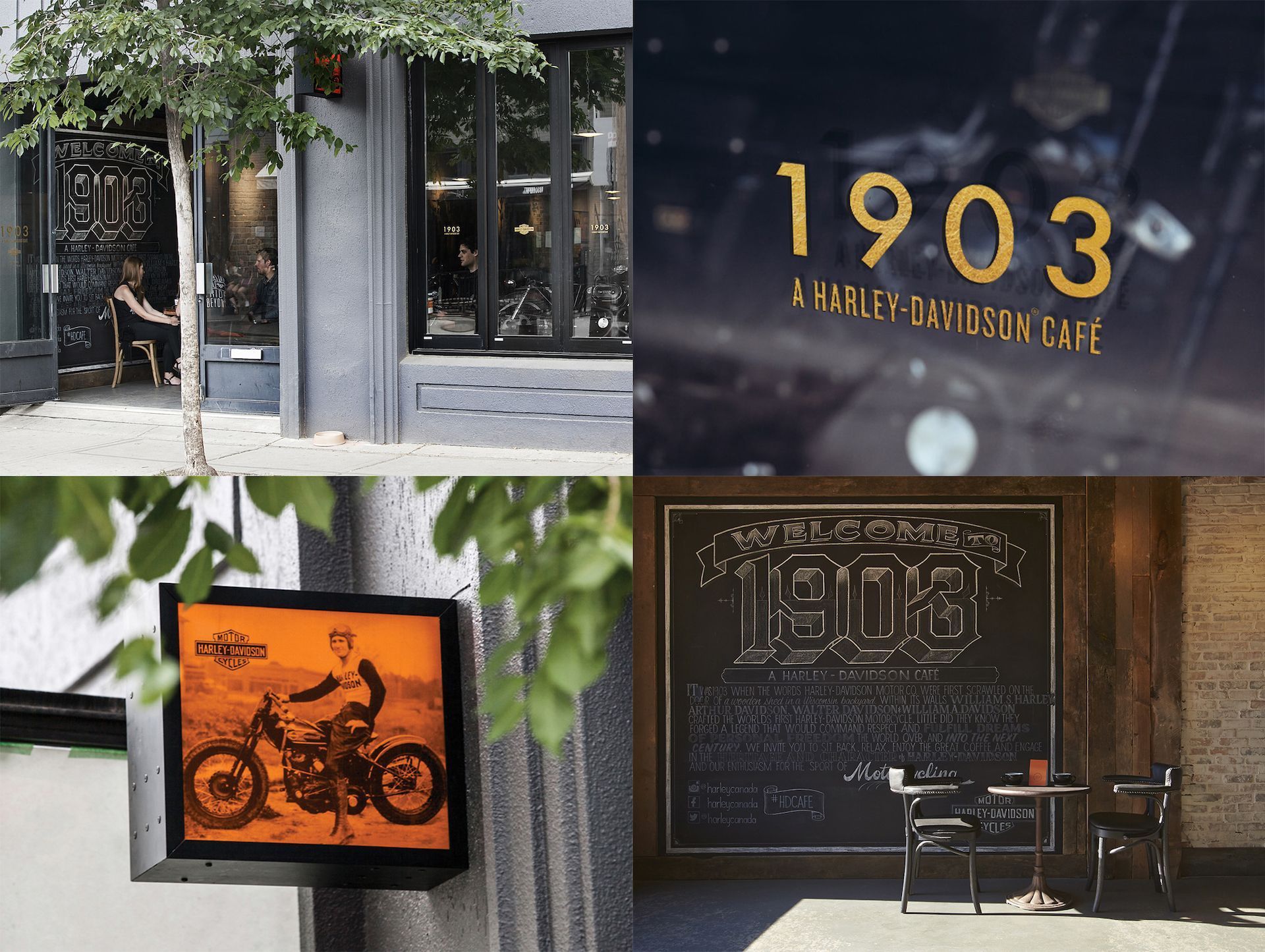 A photo collage showcasing visitors enjoying the ambiance of the 1903 CAFÉ Harley Davidson café and its various retro accents: old school wall art, the café entrance sign.