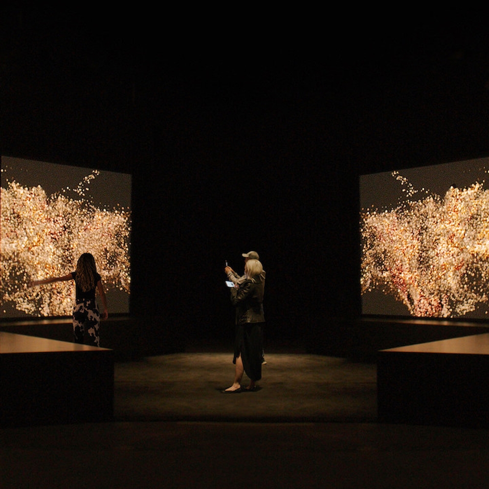 People standing in a dimly lit room surrounded by screens displaying an interactive installation of various shades of Canadian skin tones.