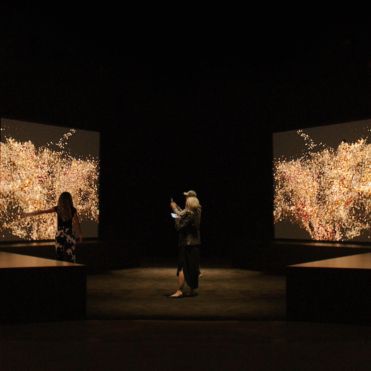 People standing in a dimly lit room surrounded by screens displaying an interactive installation of various shades of Canadian skin tones.