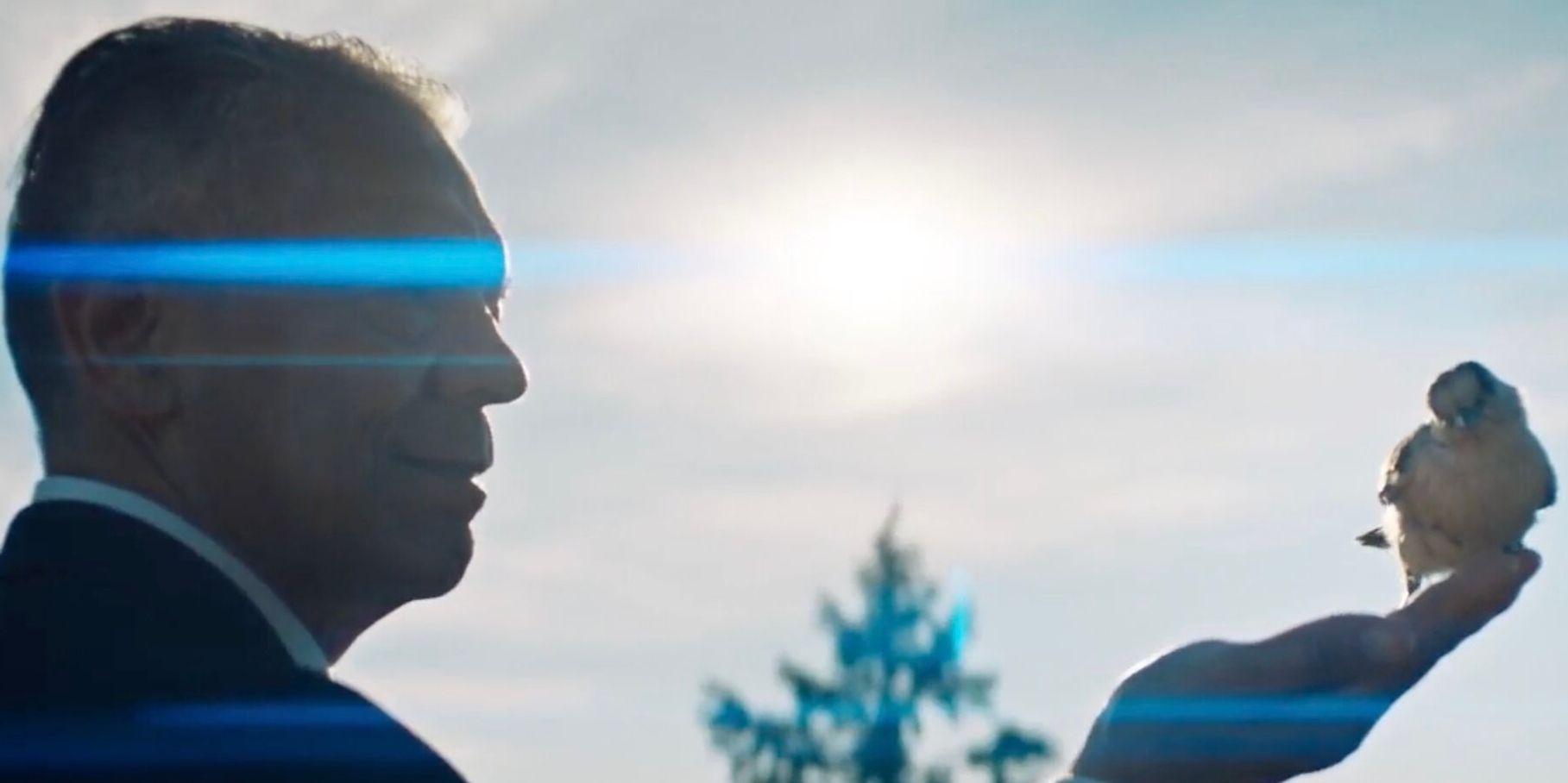 A man in profile holds a small bird in his outstretched hand against a bright sky with sun glare. The scene conveys tranquility and connection with nature.