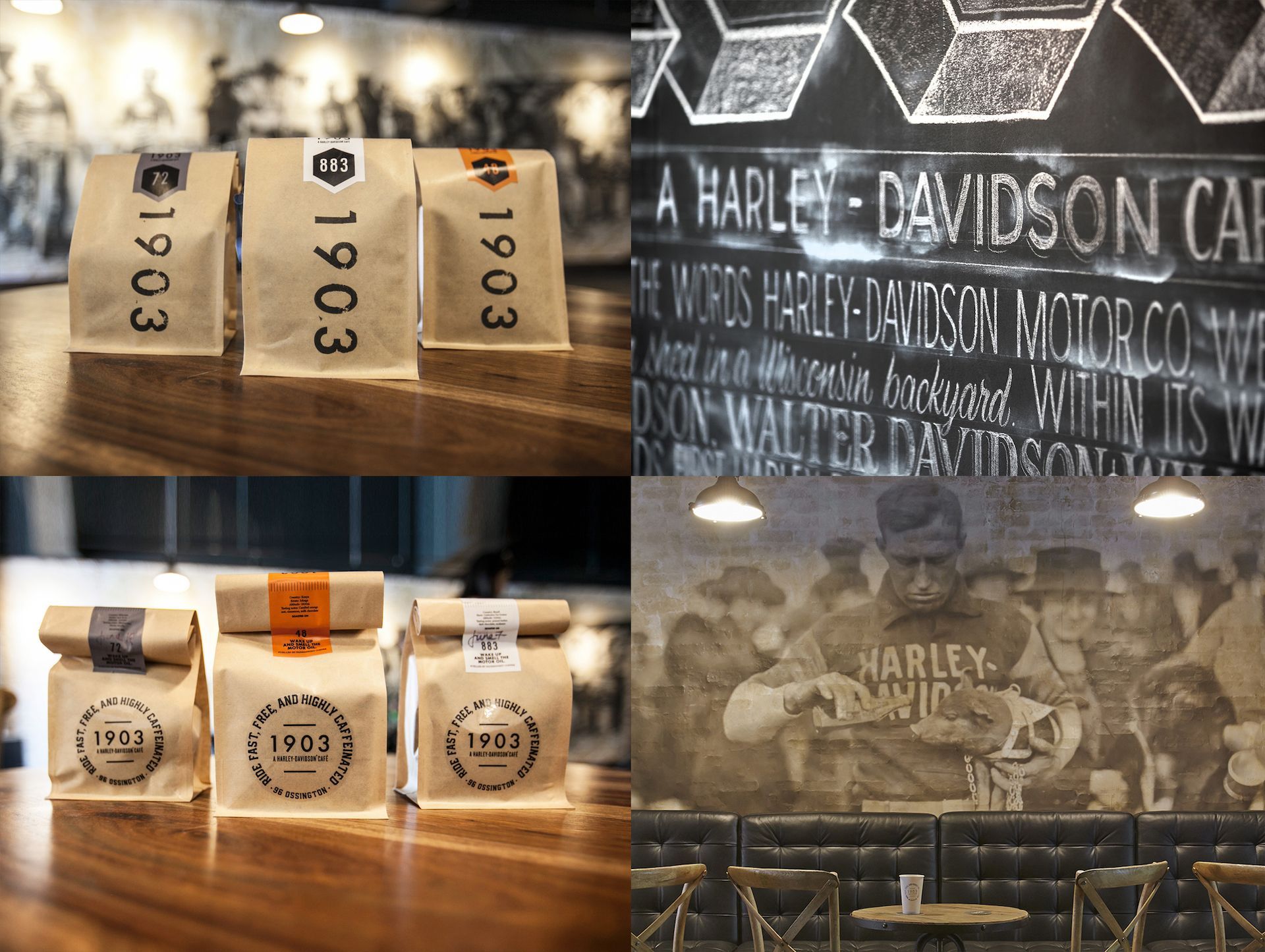A collage featuring retro-style coffee bags and wall art inside the café, adorned with chalk-written old-school typography and pictures.