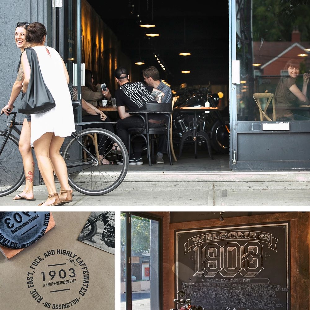 Various images of the 1903 cafe: two women with a bike look inside, a chalkboard, and a stamp.