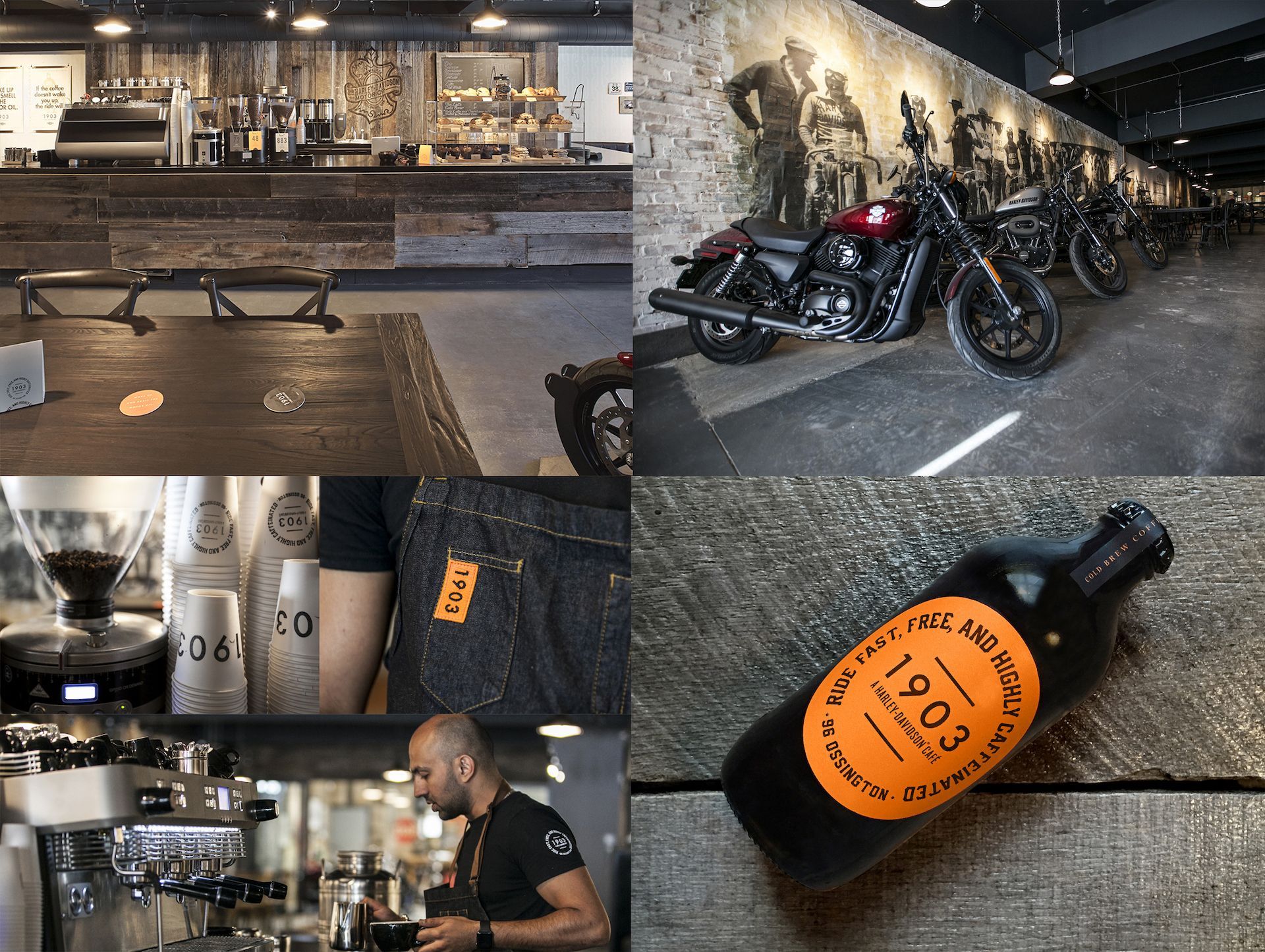 A collage showcasing the rustic style of the café, including baristas in jeans aprons, a lineup of retro Harley Davidson motorcycles, and old-style drink designs.