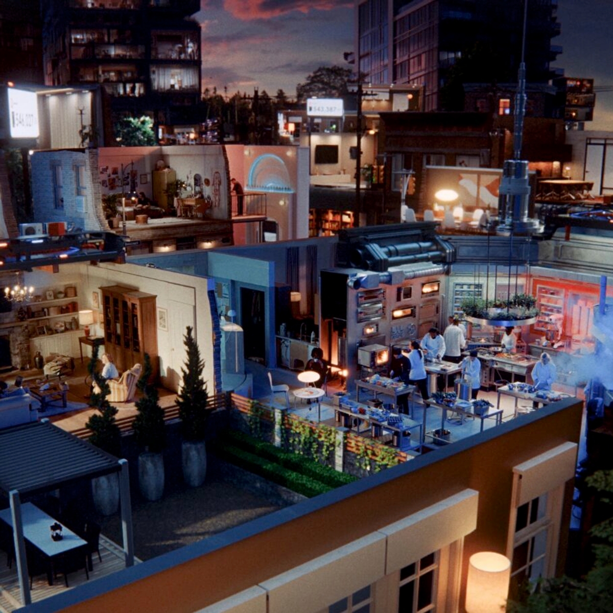 Miniature nighttime urban scene with detailed room interiors, lit streetlights, and bustling activity.