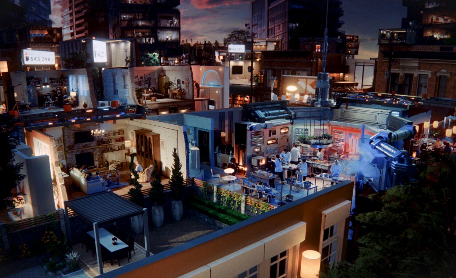 Miniature nighttime urban scene with detailed room interiors, lit streetlights, and bustling activity.