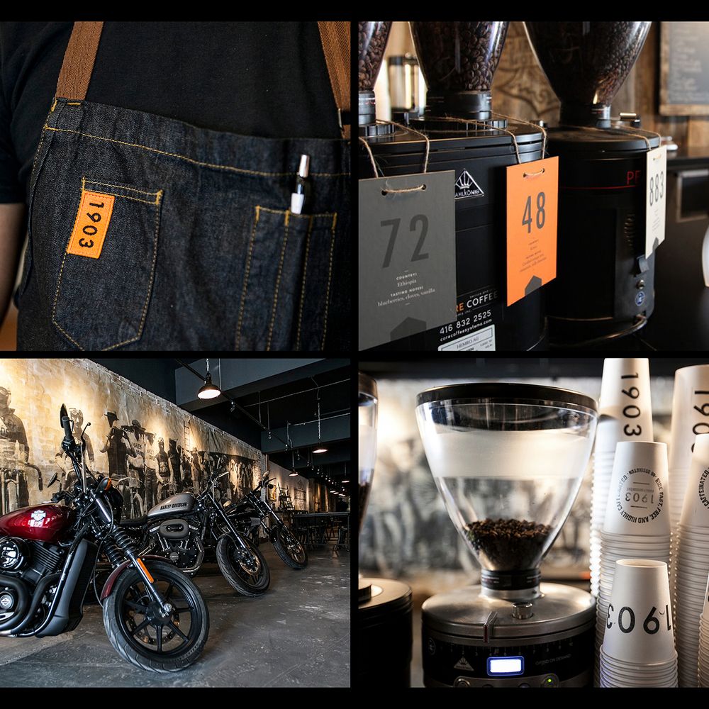 Various images of the 1903 cafe details: aprons and cups and atmosphere.