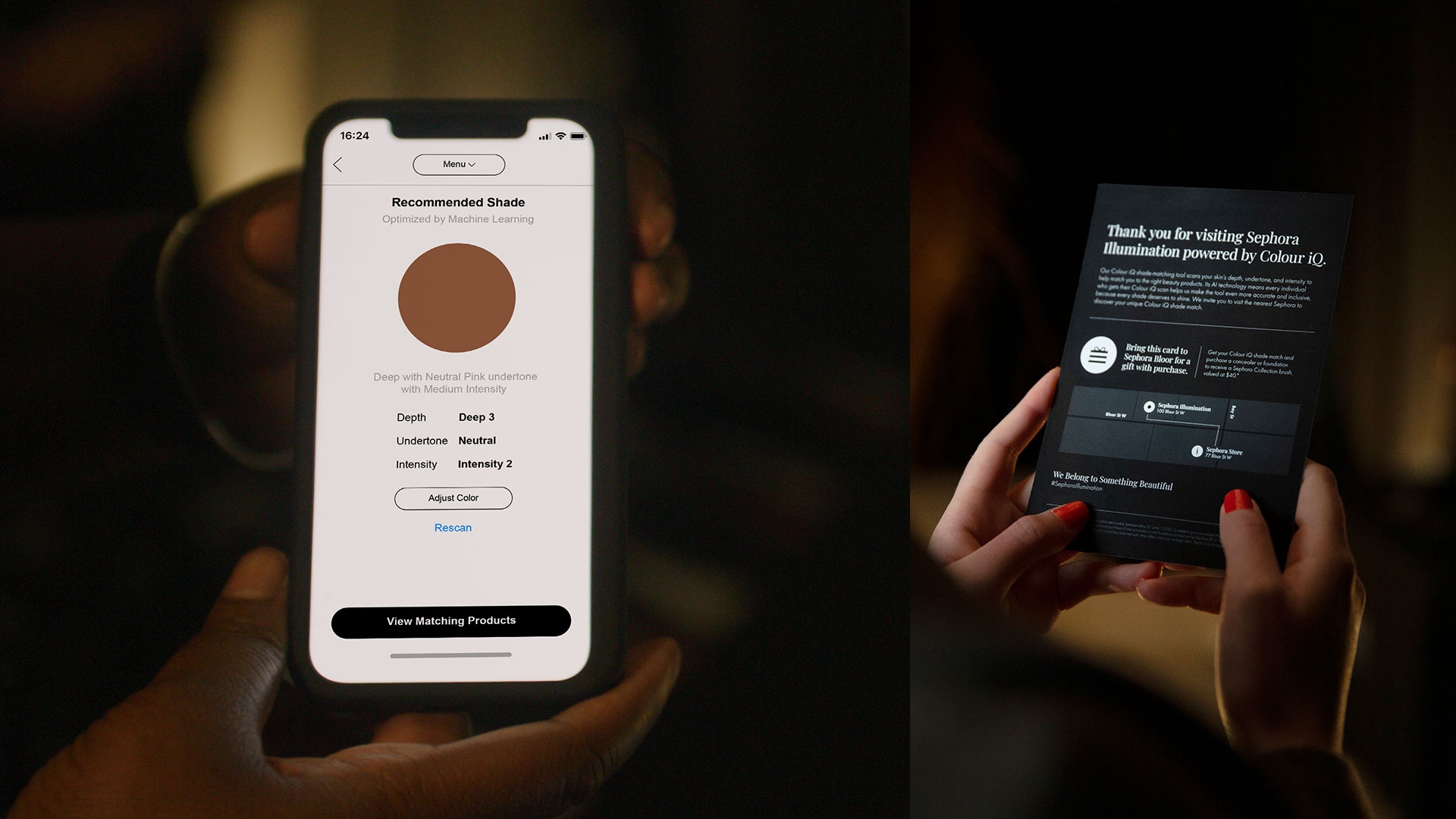 Two images of people holding a smartphone and tablet showing their personalized results and recommended makeup shade.