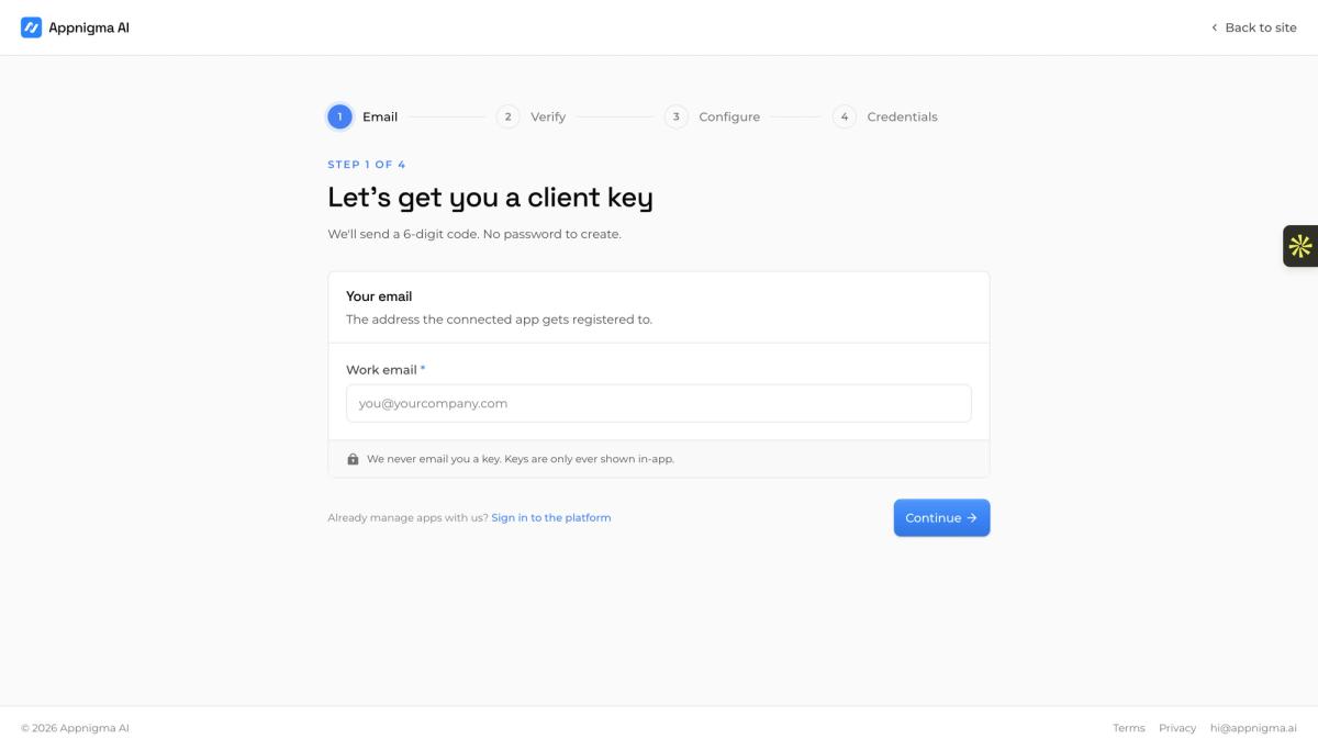 Step 1 of 4, Let's get you a client key, asking for a work email to send a six digit code