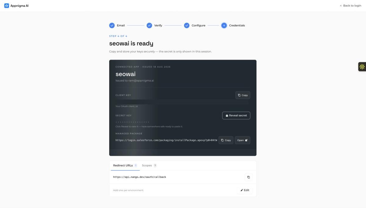 Step 4 of 4, credentials screen showing the client key, the hidden secret behind a Reveal control, and the managed package install link