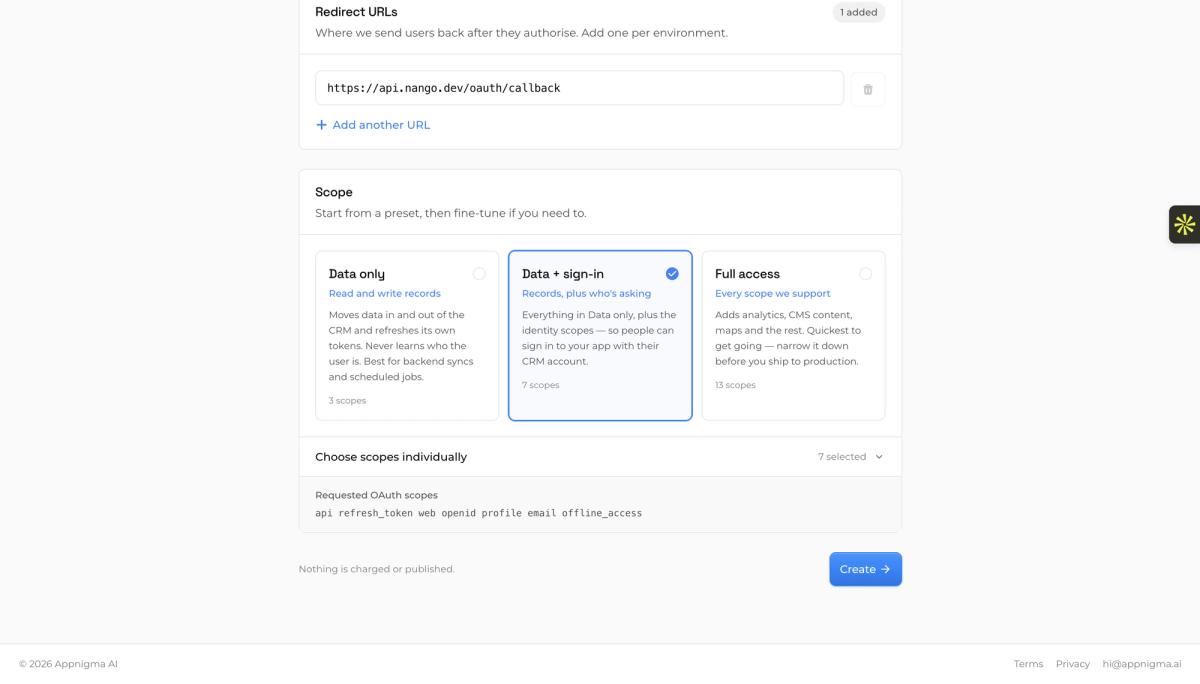 Scope presets with Data plus sign-in selected, showing the seven requested OAuth scopes api refresh_token web openid profile email offline_access