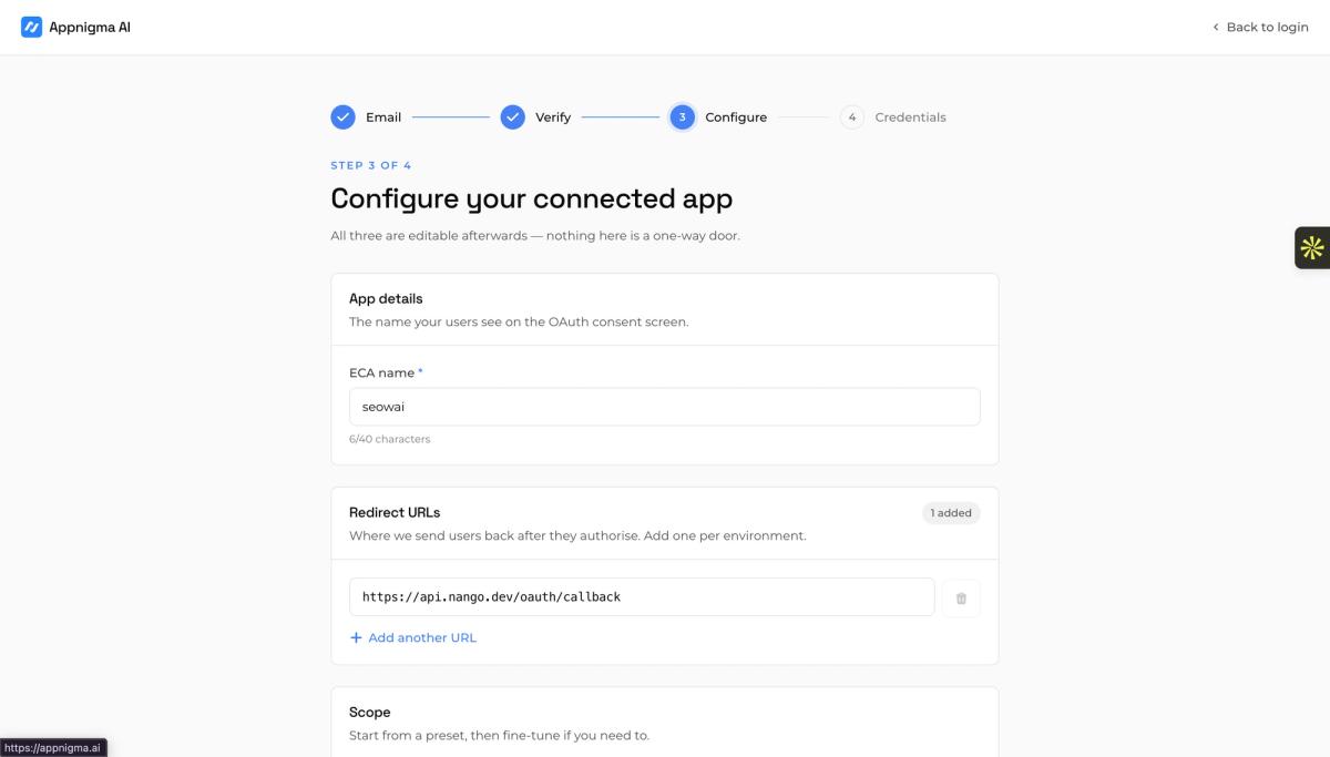 Step 3 of 4, Configure your connected app, with the ECA name filled in and the Nango callback URL added as a redirect URL