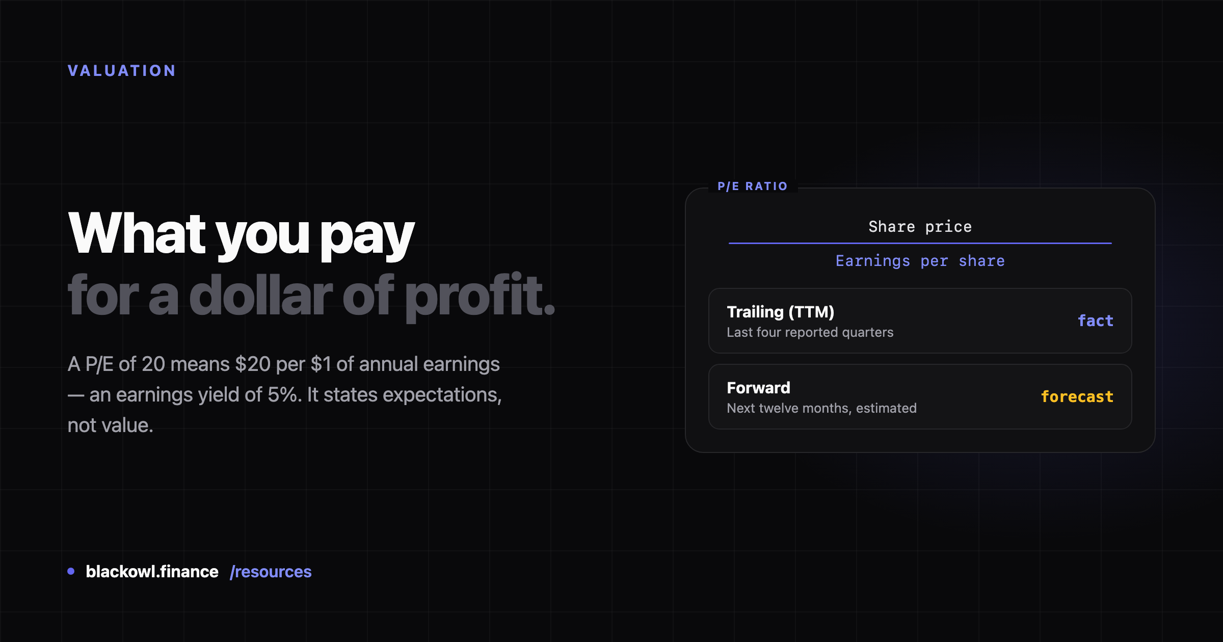 Dark card reading "What you pay for a dollar of profit." beside a panel showing the P/E formula as share price over earnings per share, with trailing and forward rows