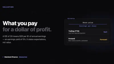 Dark card reading "What you pay for a dollar of profit." beside a panel showing the P/E formula as share price over earnings per share, with trailing and forward rows