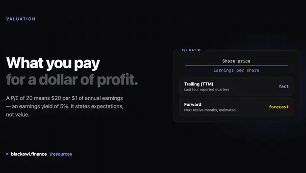 Dark card reading "What you pay for a dollar of profit." beside a panel showing the P/E formula as share price over earnings per share, with trailing and forward rows