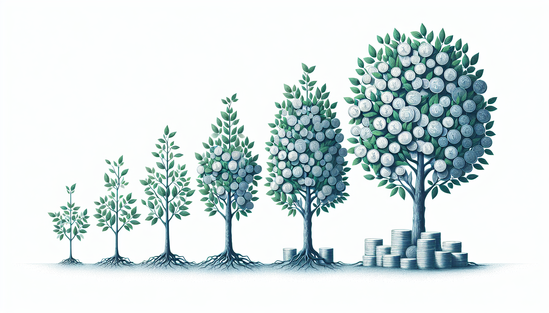 Five trees at increasing stages of growth bearing coin-shaped fruit, with stacks of coins at the base of the largest