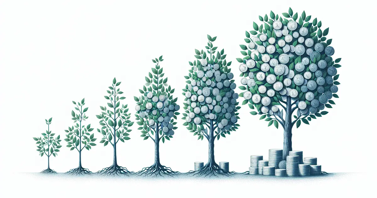 Five trees at increasing stages of growth bearing coin-shaped fruit, with stacks of coins at the base of the largest