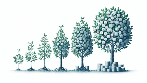 Five trees at increasing stages of growth bearing coin-shaped fruit, with stacks of coins at the base of the largest