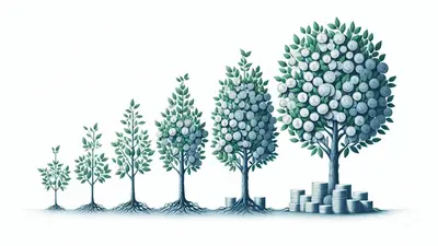 Five trees at increasing stages of growth bearing coin-shaped fruit, with stacks of coins at the base of the largest