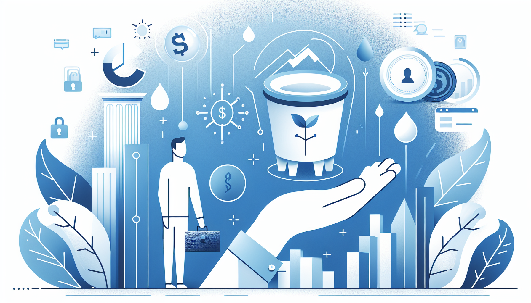 An open hand holding a bucket with a seedling, surrounded by finance icons, a businessman and bar charts