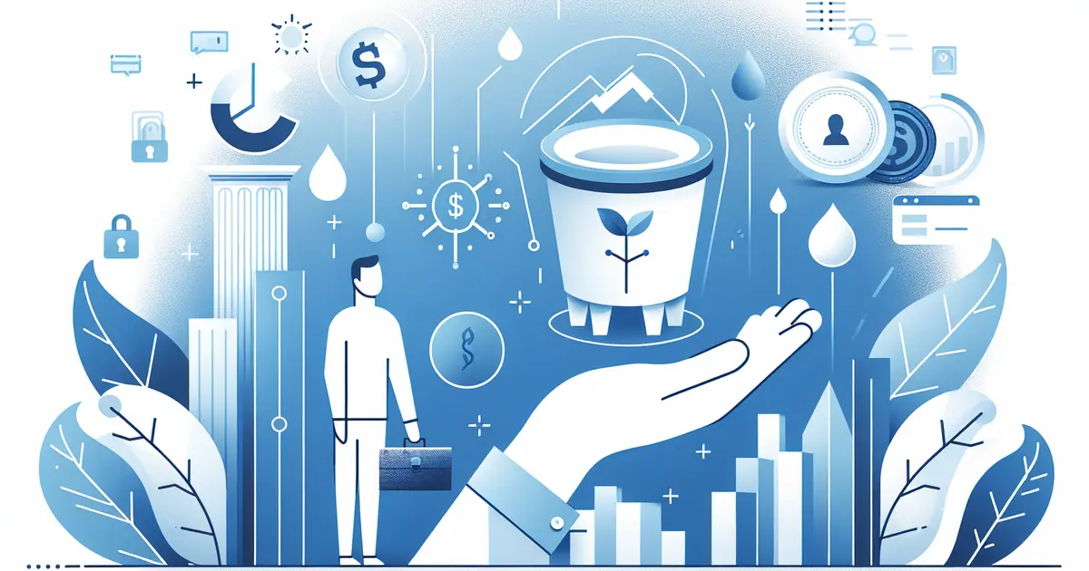 An open hand holding a bucket with a seedling, surrounded by finance icons, a businessman and bar charts