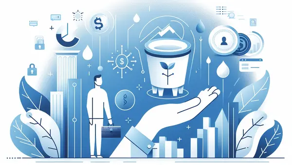An open hand holding a bucket with a seedling, surrounded by finance icons, a businessman and bar charts