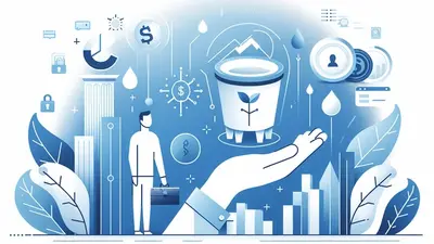 An open hand holding a bucket with a seedling, surrounded by finance icons, a businessman and bar charts