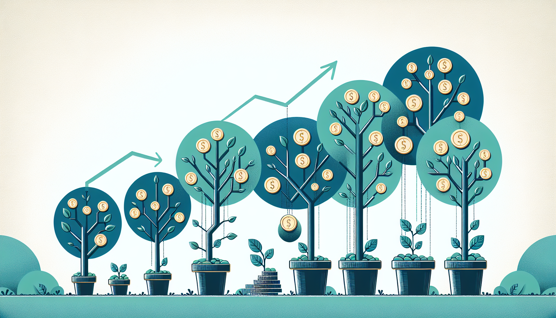 A row of potted trees growing progressively taller, each hung with gold coins, beneath rising arrows
