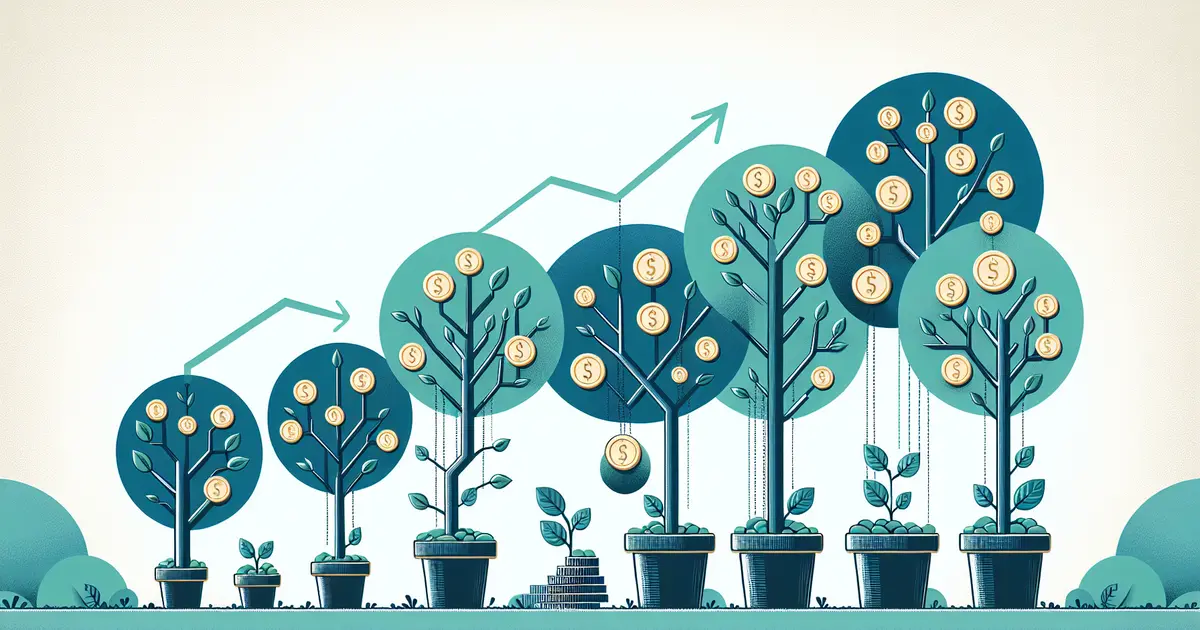 A row of potted trees growing progressively taller, each hung with gold coins, beneath rising arrows
