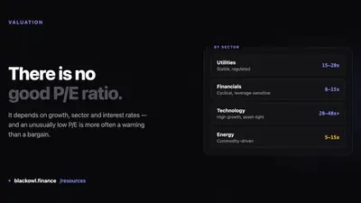 Dark card reading "There is no good P/E ratio." beside a panel listing typical ranges by sector: utilities 15 to 20 times, financials 8 to 15, technology 20 to 40 plus, energy 5 to 15