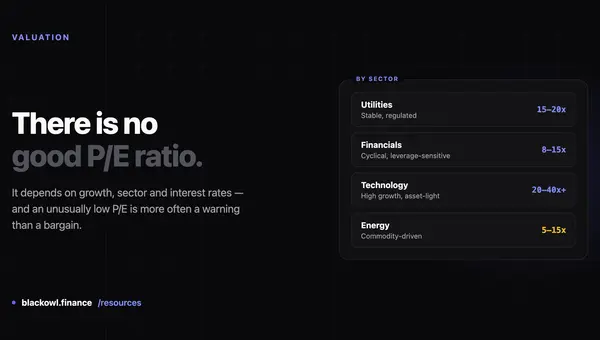 Dark card reading "There is no good P/E ratio." beside a panel listing typical ranges by sector: utilities 15 to 20 times, financials 8 to 15, technology 20 to 40 plus, energy 5 to 15