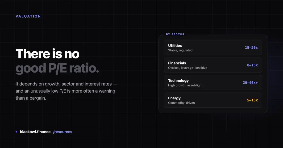 Dark card reading "There is no good P/E ratio." beside a panel listing typical ranges by sector: utilities 15 to 20 times, financials 8 to 15, technology 20 to 40 plus, energy 5 to 15