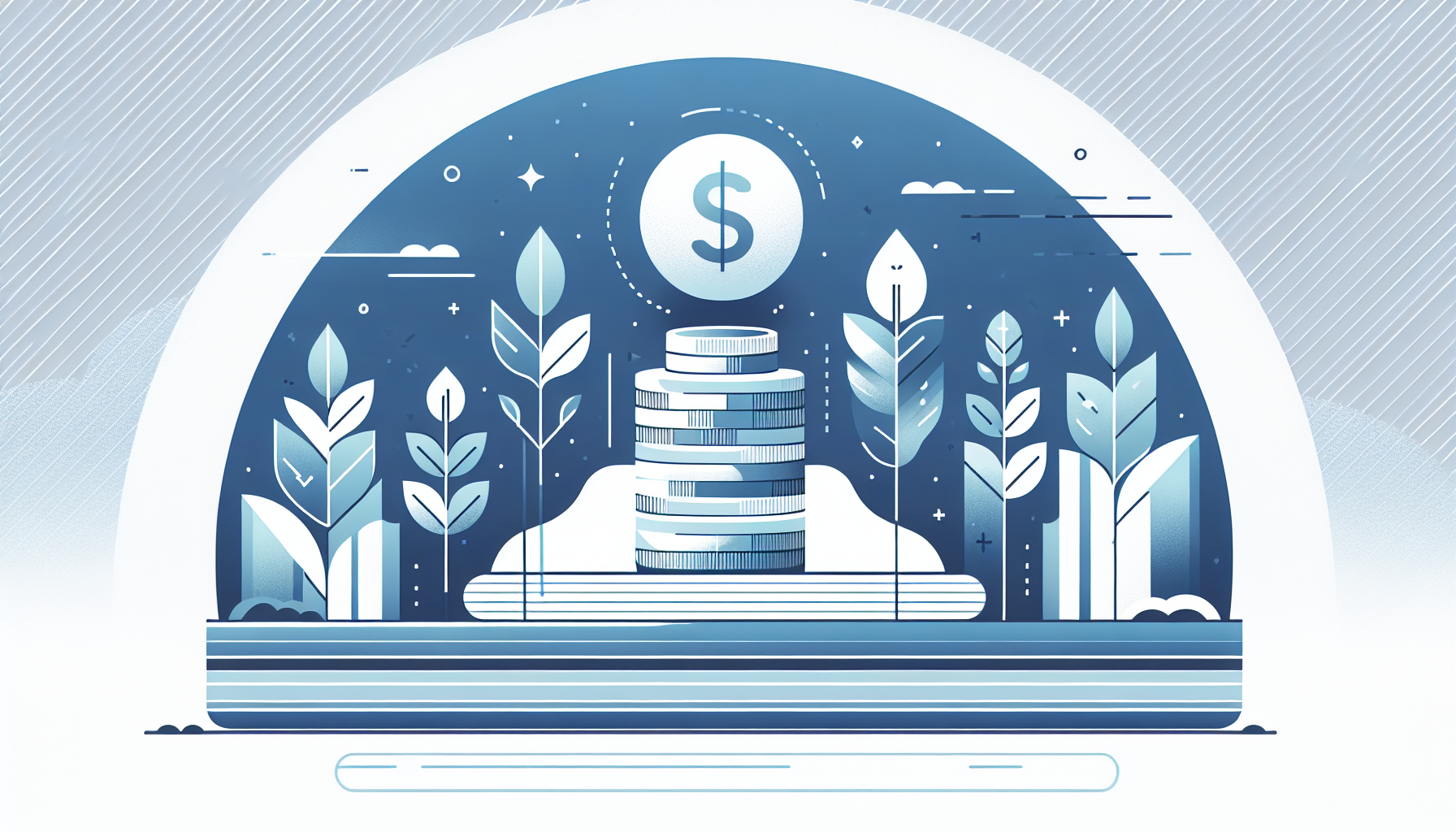 A stack of coins beneath a dollar-sign coin, framed by stylised plants inside an arch