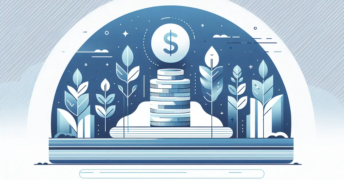 A stack of coins beneath a dollar-sign coin, framed by stylised plants inside an arch