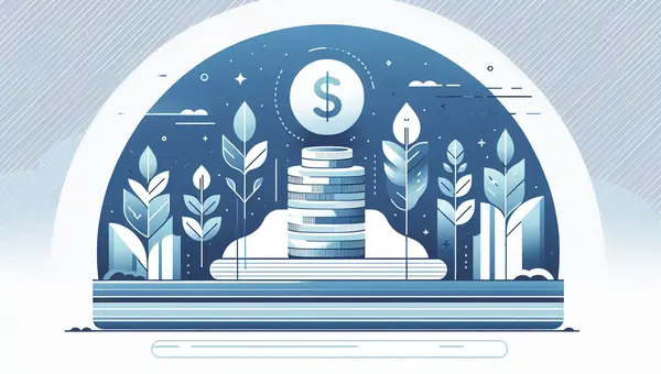 A stack of coins beneath a dollar-sign coin, framed by stylised plants inside an arch