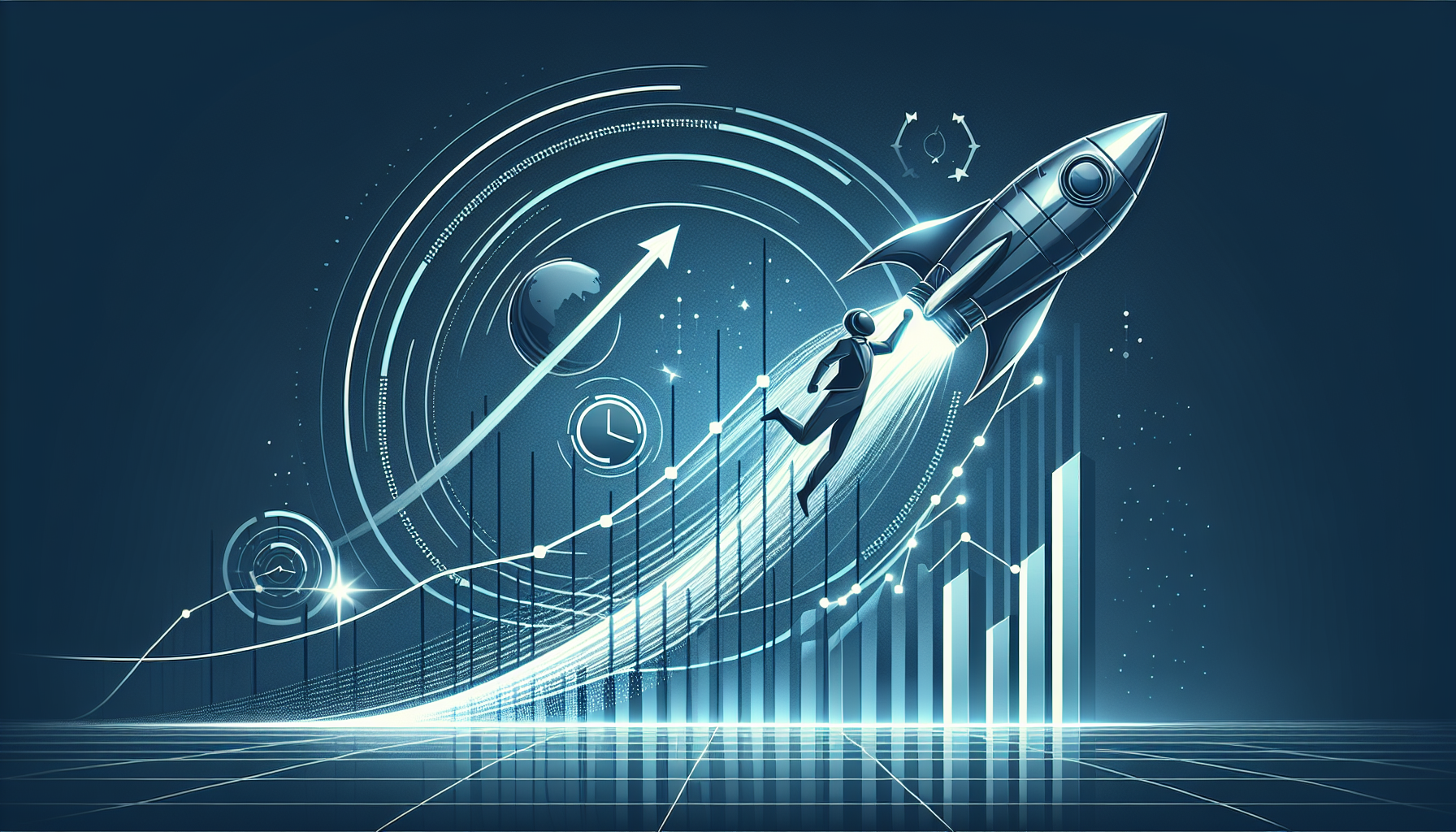 A rocket climbing a rising arrow past bar charts, with a figure and orbital rings on a blue technical background