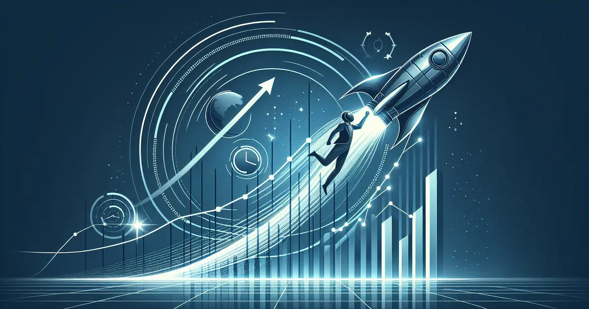 A rocket climbing a rising arrow past bar charts, with a figure and orbital rings on a blue technical background