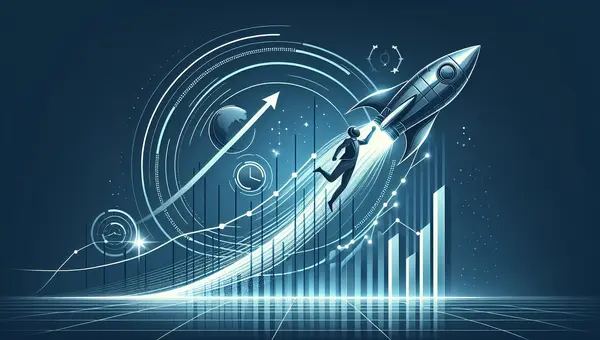 A rocket climbing a rising arrow past bar charts, with a figure and orbital rings on a blue technical background