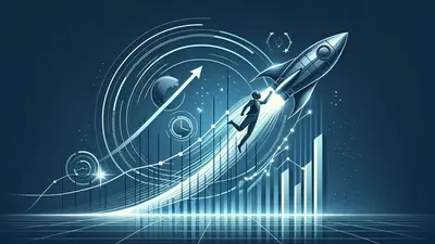 A rocket climbing a rising arrow past bar charts, with a figure and orbital rings on a blue technical background