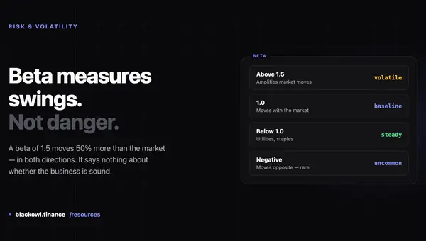Dark card reading "Beta measures swings. Not danger." beside a panel listing beta bands: above 1.5 amplifies market moves, 1.0 moves with the market, below 1.0 is steady like utilities and staples, and negative beta moves opposite and is rare
