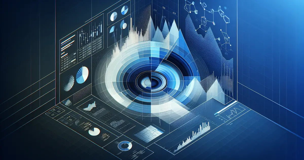 An analytics dashboard with a concentric-circle radar, mountain-shaped price chart and smaller data panels