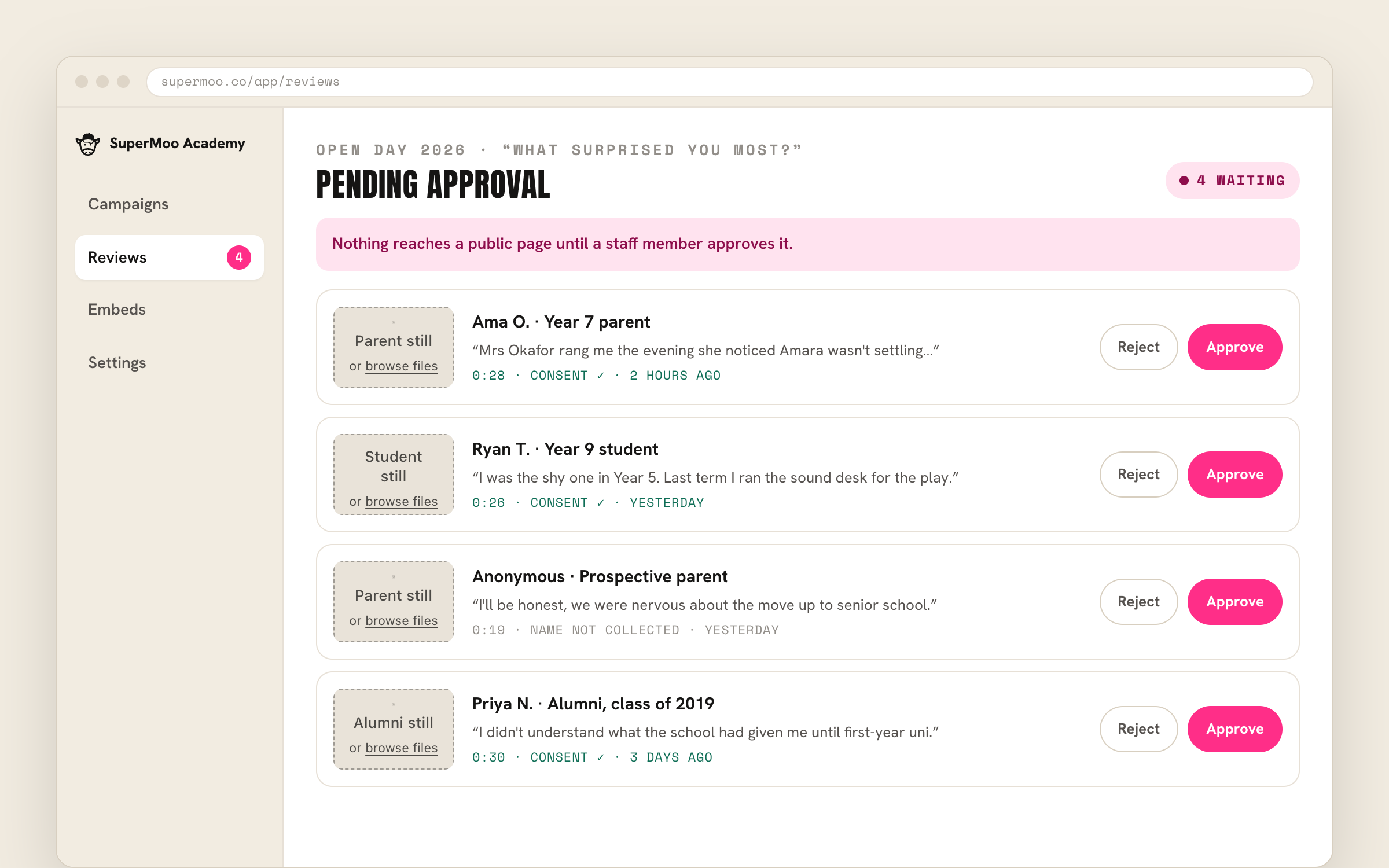 SuperMoo dashboard showing pending video reviews awaiting staff approval