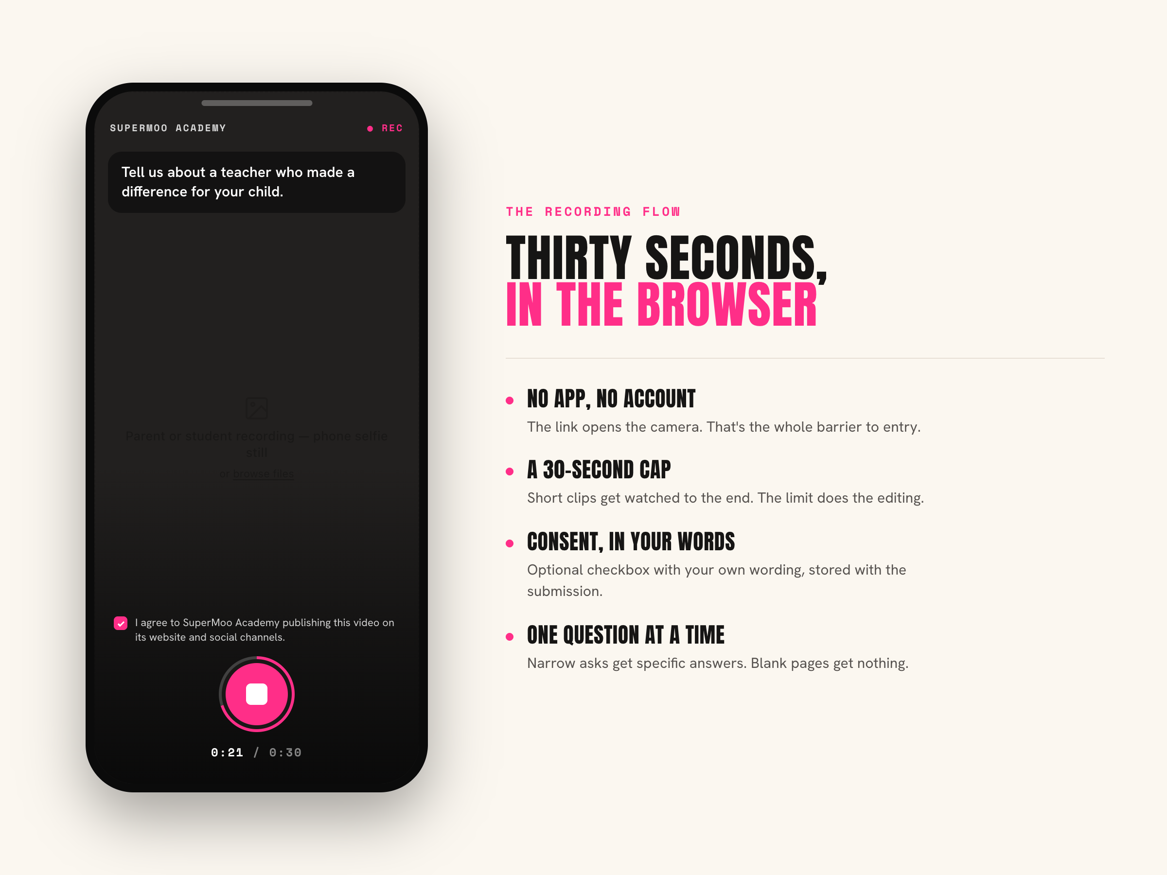 Phone recording screen with a 30-second cap and a consent checkbox
